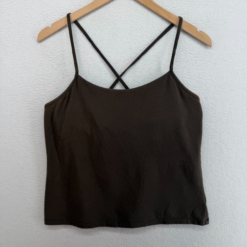 EILEEN FISHER Tank Top M Organic Cotton Jersey Cross Back Shelf Bra Brown USA